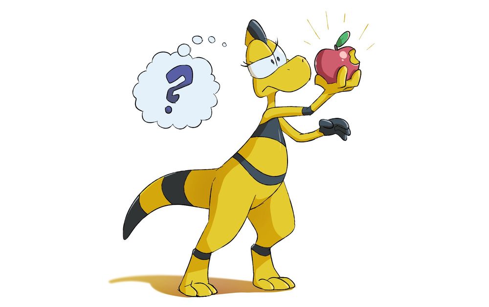 Zniw with an apple, not having much of an idea what it is (apples didn't exist in Late Cretaceous). Promo artwork from Zniw Adventure