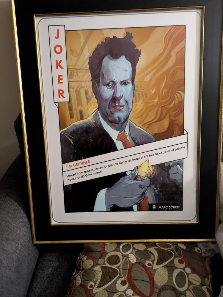 A joker card with Tim Geithner illustrated as a DC Joker, credit to artist Marc Scheff 