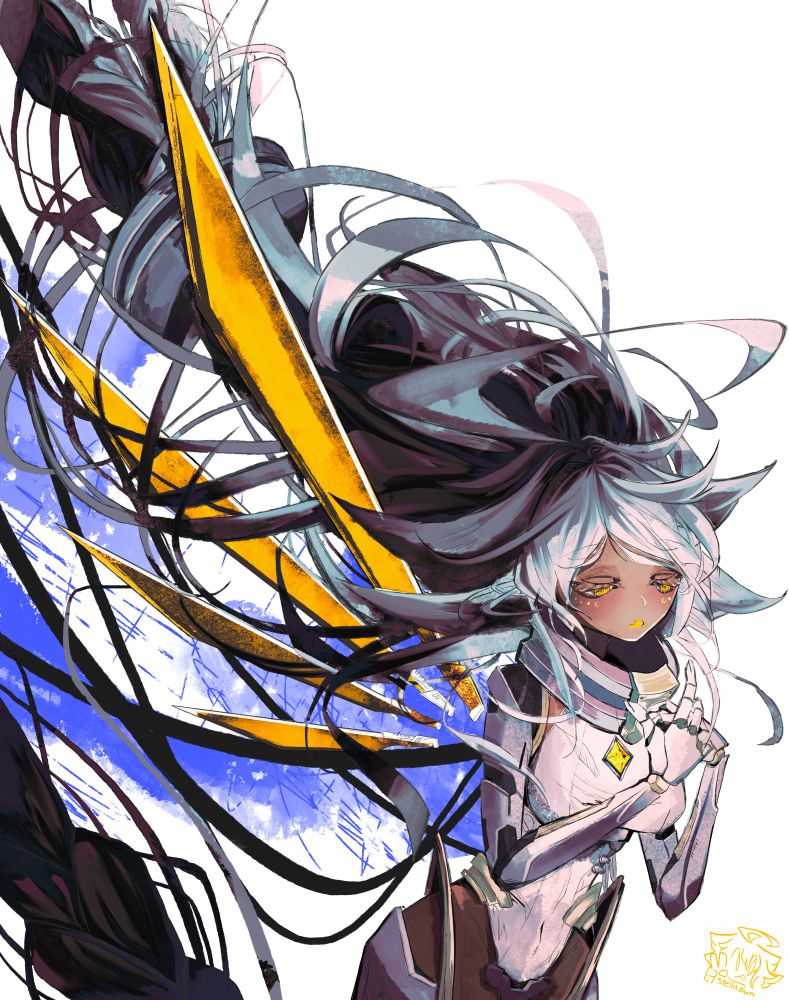 Illustration of Stellazium, an artist/vtuber who is an android, drawn by the same person. Posed with her hands in front of her body and hair chaotically lifted upwards by a strong wind, along with bold yellow mecha wings. She has a pensive expression and there's a warm small light in their hands. The illustration is painted roughly.  