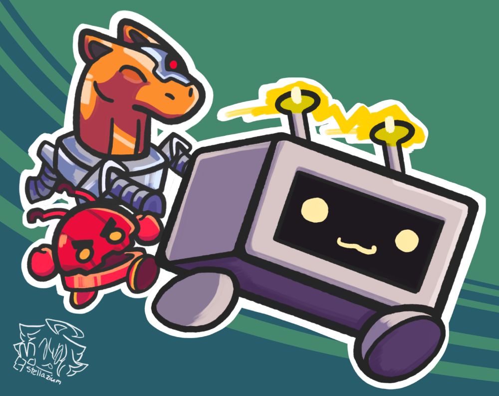 Illustration by Stellazium for the game BOOTLOOP, an entry for the GMKT Game Jam 2025. Features a cute little robot running away from a two viruses, a little red bug and a trojan horse.