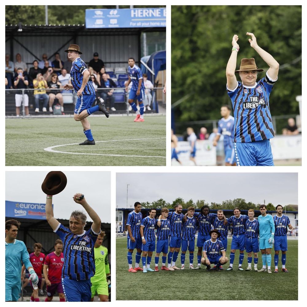 Kollage av bilder på Pete Dohery i Margates FC-ställ. The Libertines är sponsor fram på tröjan. Pete spelar match, applåderar publiken och står uppställd för en lagbild.