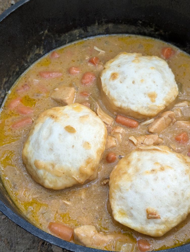 A creamy sauce has been added to the chicken and veggie mix. Then 3 large biscuits sit on top.