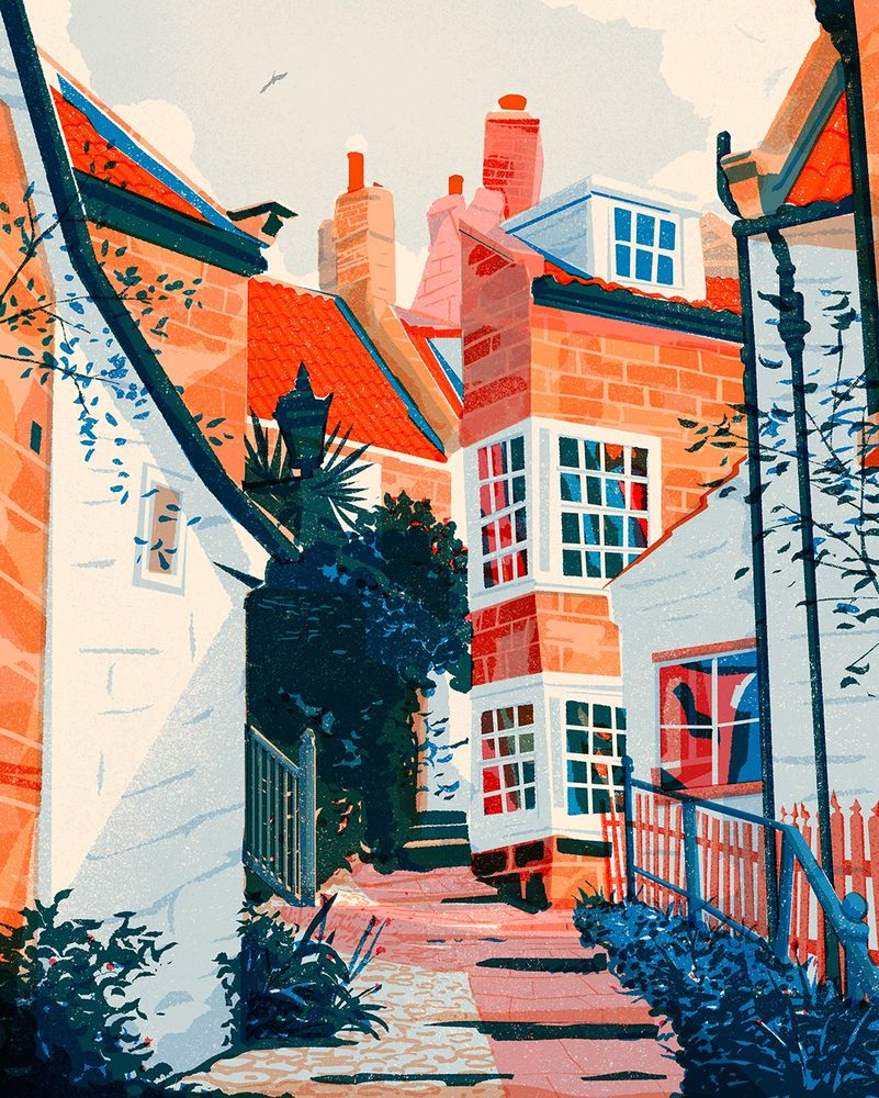 Digital illustration of a quiet lane. Overlapping blue and orange. Lots of stonework and shadow.