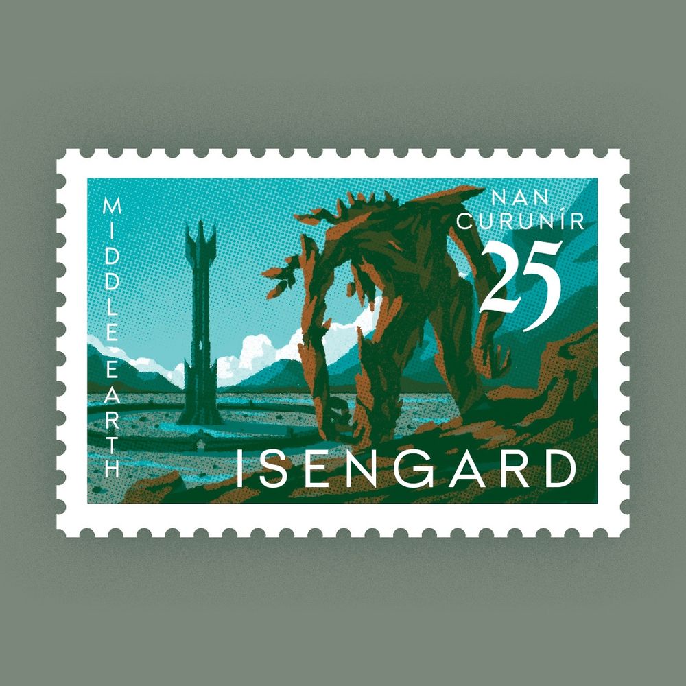 Riso printed postage stamp of Treebeard looking over Isengard. Illustrated in orange and teal. Lord Of The Rings.