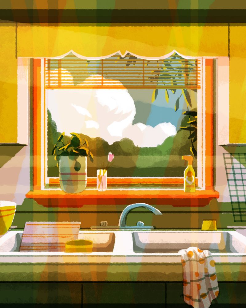 Illustration of a kitchen sink looking out of a window. The sun is just coming up. Colours are warm greens an oranges. lots of light leaks and overlapping colours.