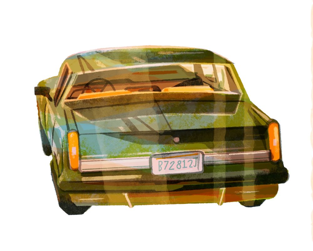 Illustration of some kind of car. the perspective is broken. the car is green and out of proportion. You are viewing it from the back. Little to no interest in learning what type of car it is. Beep beep.