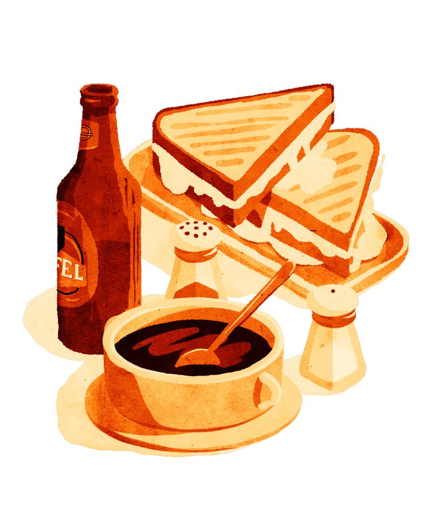 Illustration of a diner grilled cheese, tomato soup and a bottle of beer, with salt and pepper shakers. Brown/yellow duotone, using layers of textures and mask, referencing aquatint printmaking.