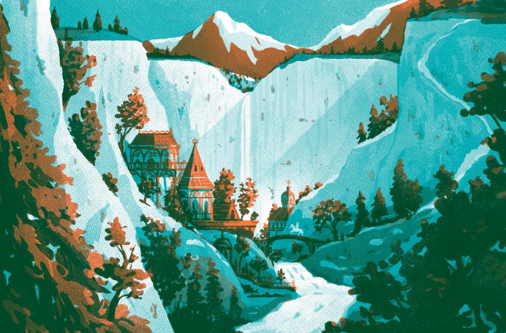 Illustration of Rivendell from the Lord Of The Rings. Overlapping orange and teal.