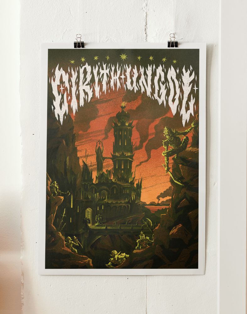 Mocked up poster held by bulldog clips against a white wall.: Illustrated poster of the tower of Cirith Ungol in the land of Mordor. In the foreground are a bunch of orcs and goblins with acid green rim-light holding swords and axes and pole-arms. In the middle ground is a narrow bridge leading between two grotesque statues into the multi tiered tower that is lit with sickly green lights. Below it leading into the plateau of Gorgoroth are the hills of the Ethel Duath. In the distance is Orodruin and Ered Lithui. The text at the top is white flame like black metal lettering with the words CIRITH UNGOL. Nine green stars float above them. Plumes of smoke and ash fill the sky. A tiny shadow is grossing the bridge. Lord of the Rings. Tolkien. Prints coming soon.
Illustrated poster of the tower of Cirith Ungol in the land of Mordor. In the foreground are a bunch of orcs and goblins with acid green rim-light holding swords and axes and pole-arms. In the middle ground is a narrow bridge leading between two grotesque statues into the multi tiered tower that is lit with sickly green lights. Below it leading into the plateau of Gorgoroth are the hills of the Ethel Duath. In the distance is Orodruin and Ered Lithui. The text at the top is white flame like black metal lettering with the words CIRITH UNGOL. Nine green stars float above them. Plumes of smoke and ash fill the sky. A tiny shadow is grossing the bridge. Lord of the Rings. Tolkien. Prints coming soon.