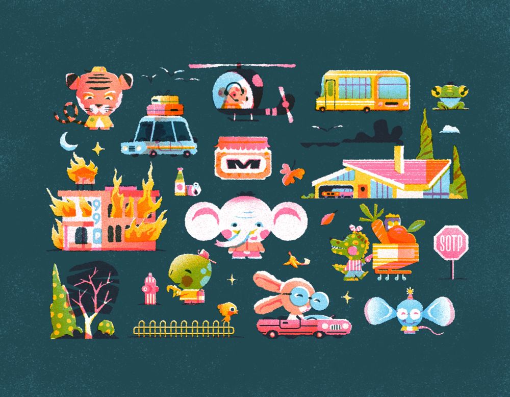 Illustration of a bunch of little guys. heavily influenced by Richard Scarry books. Overlapping textured colours.