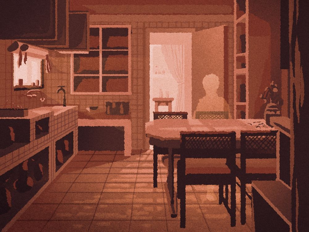 Illustration of an old timey kitchen with a ghostly silhouette sitting at the table alongside some dead flowers. Every thing is sepia and drawn with a very chunky brush. Dappled light. Thoughts and prayers.