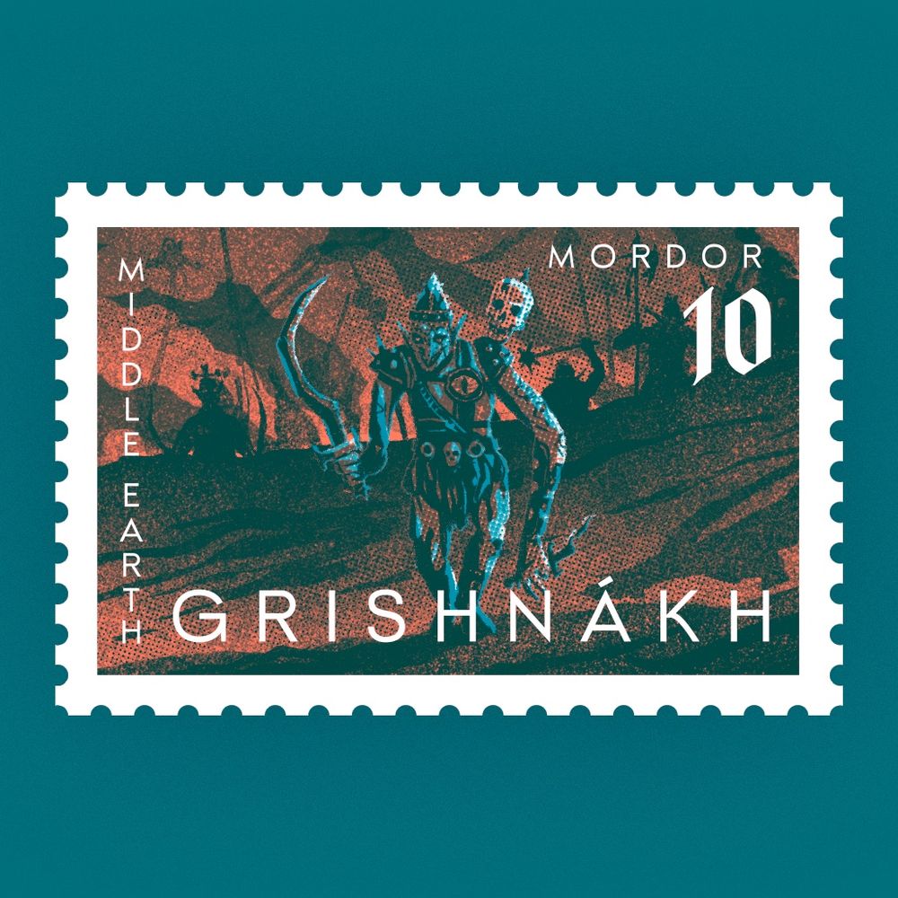 Illustrated postage stamp of GrishnIakh the Uruk. They have a human skull impaled on a spike on their shoulder and a wicked curved sword and dagger in each hand. Some of their friends are cheering them on in the background.