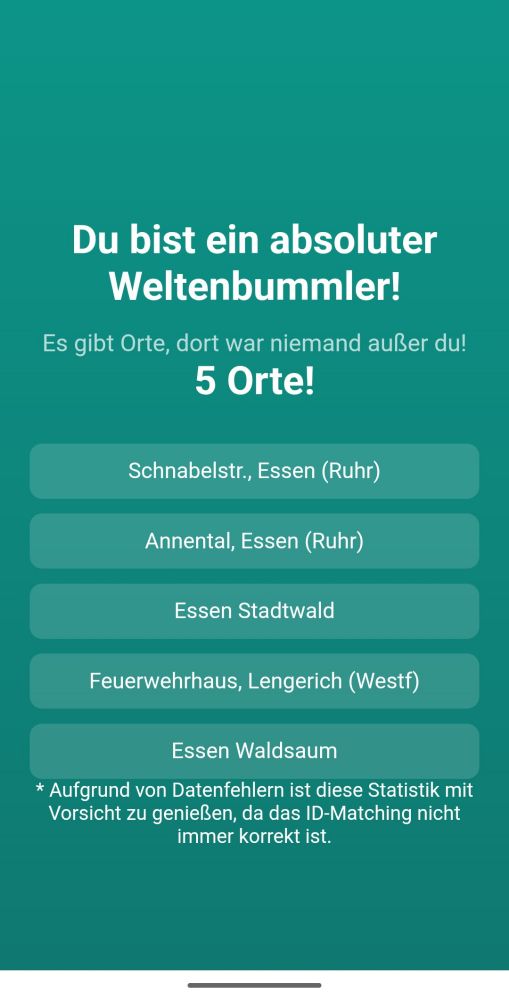 Du bist ein Weltenbummler! 5 Haltestellen, an denen außer Dir niemand war. Es folgt eine Liste von Stationen, 4 davon in Essen.