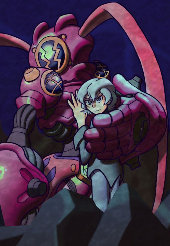 Amphimon holds Kiyoshiro close to her chest while looking off to left of Camera.  Kiyoshiro is facing Amphimon with one hand on her chest while he looks back over his left shoulder towards camera.  Some rocks obscure the bottom of frame and the entire scene is underwater.