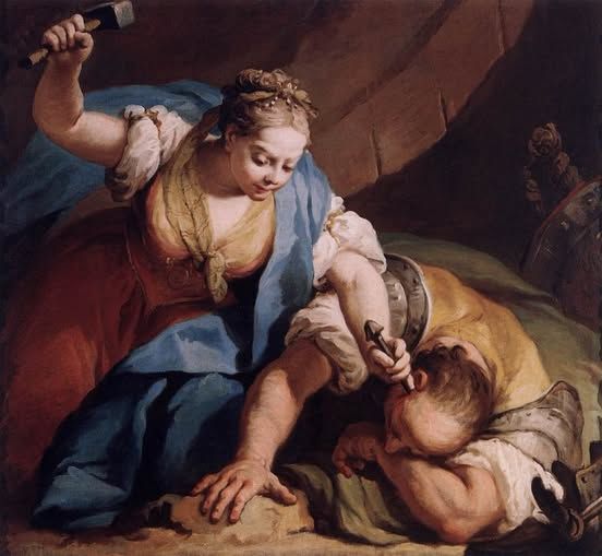 Painting of a woman about to drive a tent peg into a man's head (Jael et Sisera by Jacopo Amigoni, to be exact, not that it matters. It's a damn joke.)