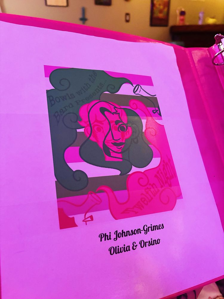 A picture of the logo for Bowls with the Bard’s production of “Twelfth Night”. Pictured center is a cartoon face, half masc presenting and half femme presenting. The background is the Genderqueer flag, and two bongs, one green and one pink, are emitting smoke that displays the production company name and title of show. Below the logo are the actor’s name and roles: “Phi Johnson-Grimes: Olivia and Orsino”. 