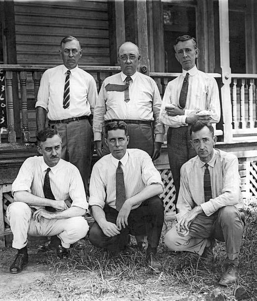 The scientists outside Dayton court: In front row, from left, William Goldsmith, Wilbur Nelson and Winterton Curtis; in back, Fay Cooper, Maynard Metcalf and Horatio Newman