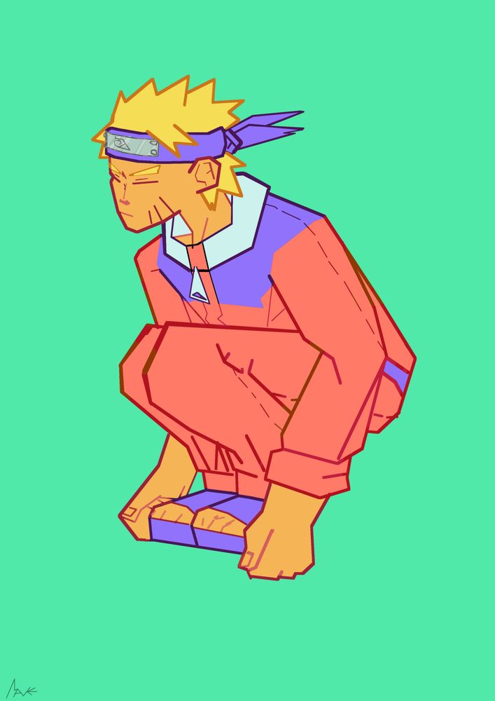 Desenho do Naruto de cócoras num fundo verde água. A line art é bém quadradona.