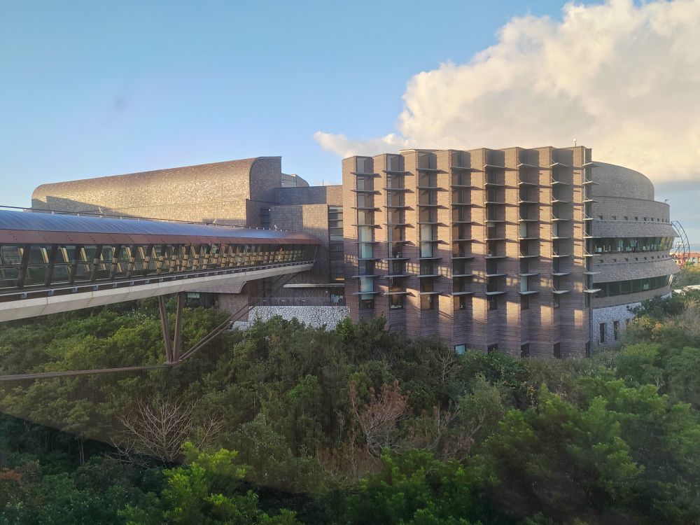 The skywalk leading to one modern lab buildings of OIST.