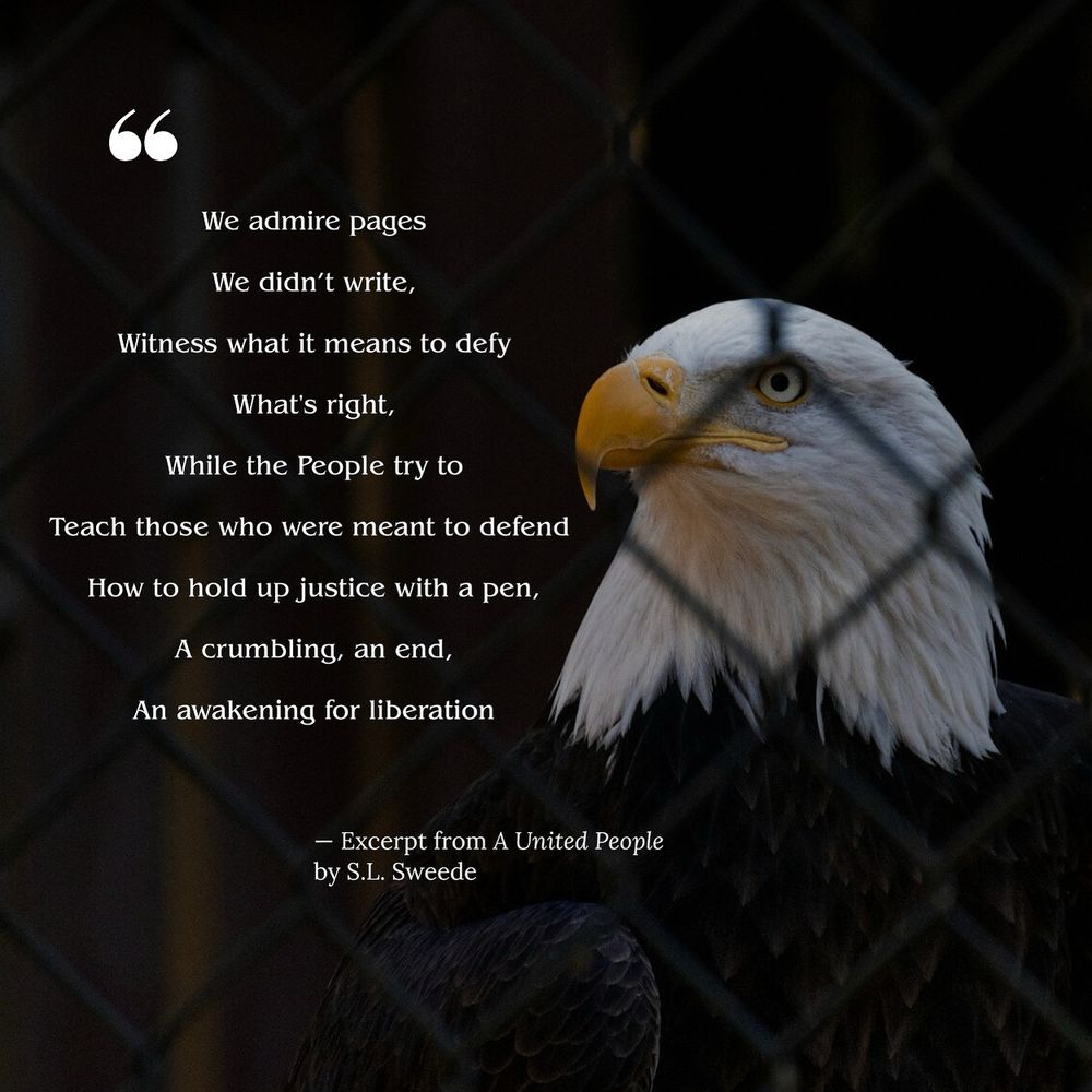 Excerpt from “A United People” by S.L. Sweede: We admire pages
We didn’t write,
Witness what it means to defy
What's right,
While the People try to
Teach those who were meant to defend 
How to hold up justice with a pen,
A crumbling, an end,
An awakening for liberation