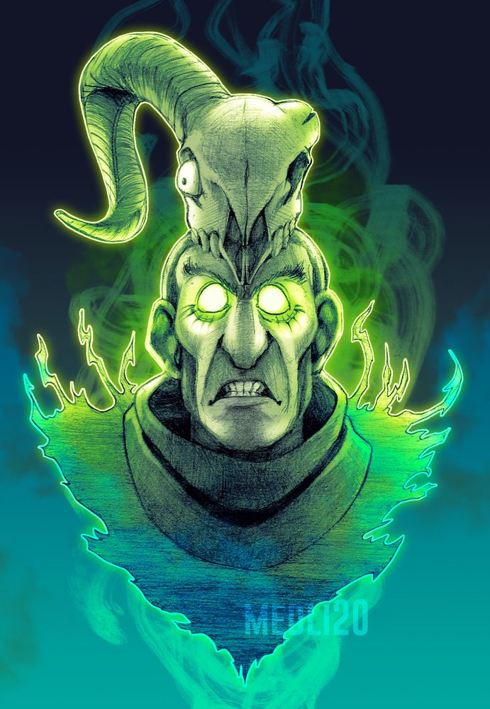 Merasmus, the Halloween magic man from Team Fortress 2, looking spooky with glowing green eyes and a ram skull atop his head