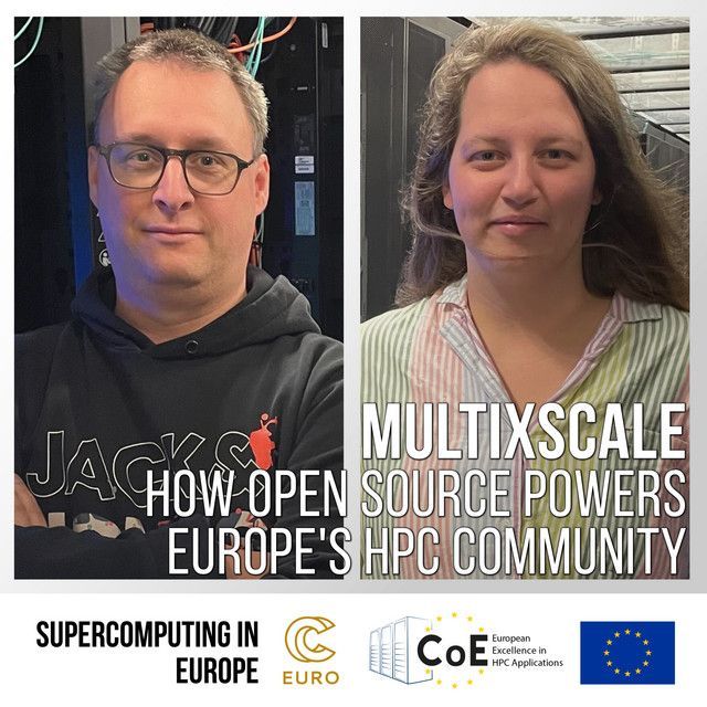 Side-by-side portraits of Kenneth Hoste (left) and Lara Peeters (right), standing in front of server racks. Text overlay reads: "MULTIXSCALE – How open source powers Europe's HPC community." Logos at the bottom include "Supercomputing in Europe," the EuroCC logo, the CoE (Centre of Excellence) logo, and the European Union flag.