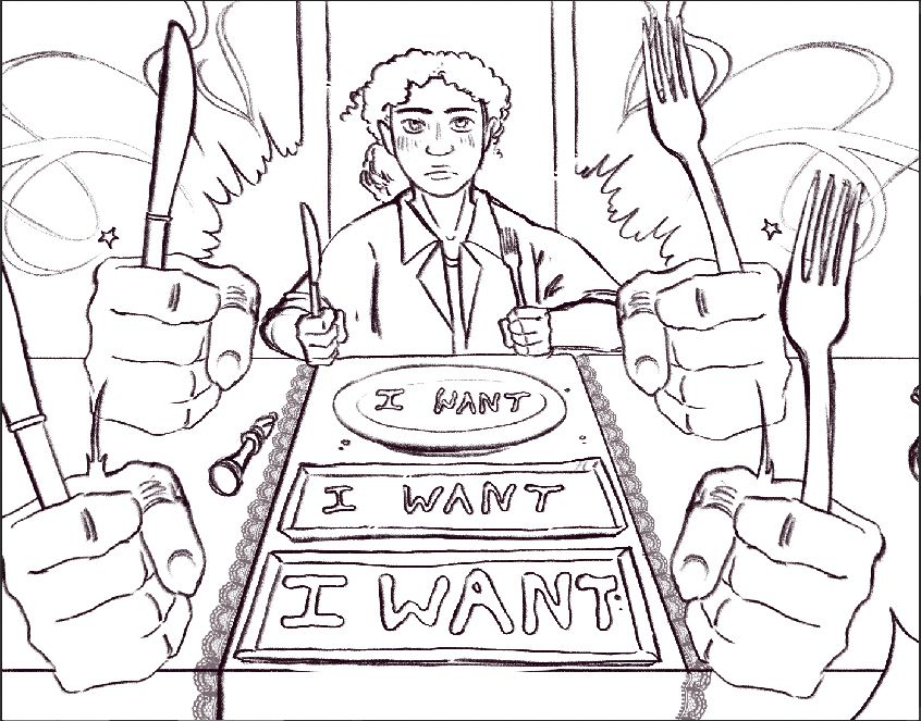 A sketch of Claudia from AMC’s Interview with the Vampire. She sits at a table, fork and knife in hand, with plates sat atop a runner, facing the viewer. Enlarged cut-outs of her hands frame the runner, and they mimic the motion of slamming on a theoretical table. Chess pieces float around the scene. On the plates, spelled out in blood, are the words “I want, I want, I want.”