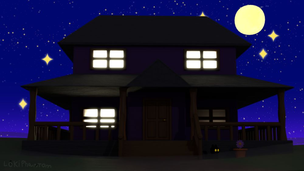 a 3d model of a spooky manor with ground fog, a cat and a potted flower. there is a full moon in the night sky