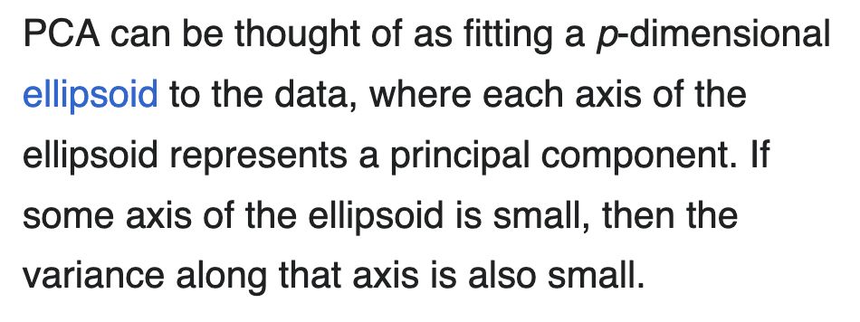PCA can be thought of as fitting a p-dimensional ellipsoid to the data, where each axis of the ellipsoid represents a principal component. If some axis of the ellipsoid is small, then the variance along that axis is also small. 