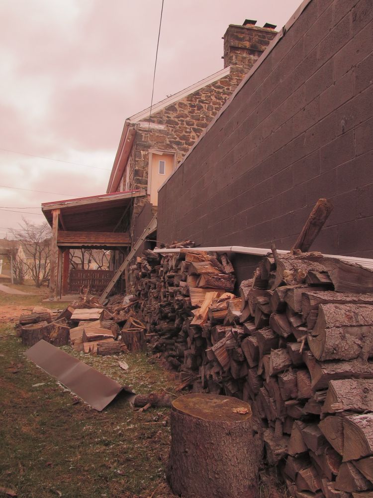 photo of a stack of firewood in a yard next to a house