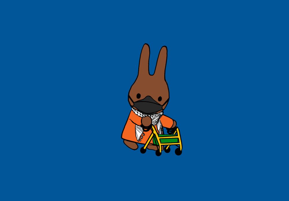 Digital illustration in the style of the Miffy children's books of Melanie in am N95 and a keffiyeh, while using a rollator. Melanie is a brown bunny in an orange dress, and her rollator is yellow and green. The background is blue.