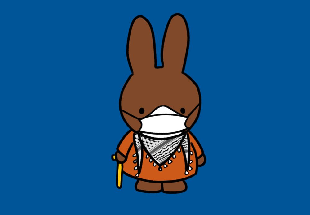 Digital illustration of Melanie in the style of the Miffy children's books, with Melanie in a white N95, a black and white keffiyeh, an orange dress, and using a yellow cane over a blue background. 