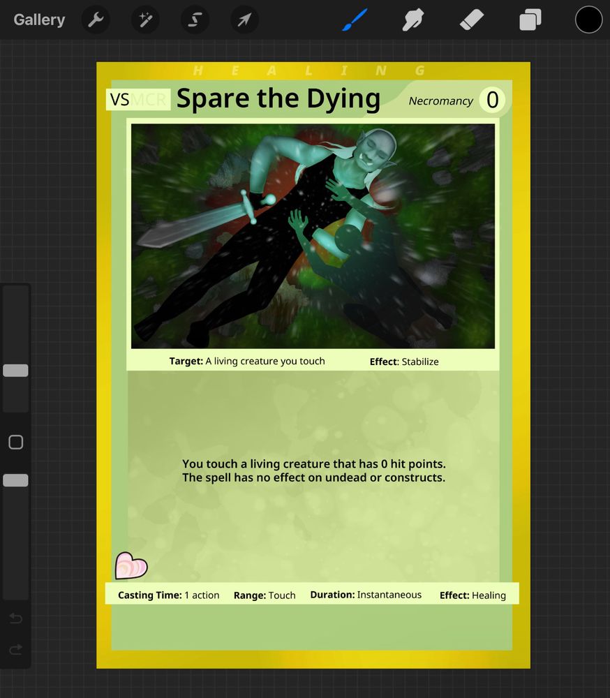 Pokemon trading card style D&D spell card of the spare the dying cantrip. The illustration is an overhead of an orc laying with their eyes closed in a pool of blood and holding a sword. A featureless silhouette crouches over them with their hands on the orc's torso. Rain falls onto them. The card reads "Spare The Dying. Necromancy level 0 spell. You touch a living creature that has 0 hit points. The spell has no effect on undead or constructs." 