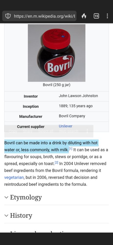 The introduction from the Bovril page on Wikipedia. A line is highlighted: Bovril can be made into a drink by diluting with hot water or, less commonly, with milk 