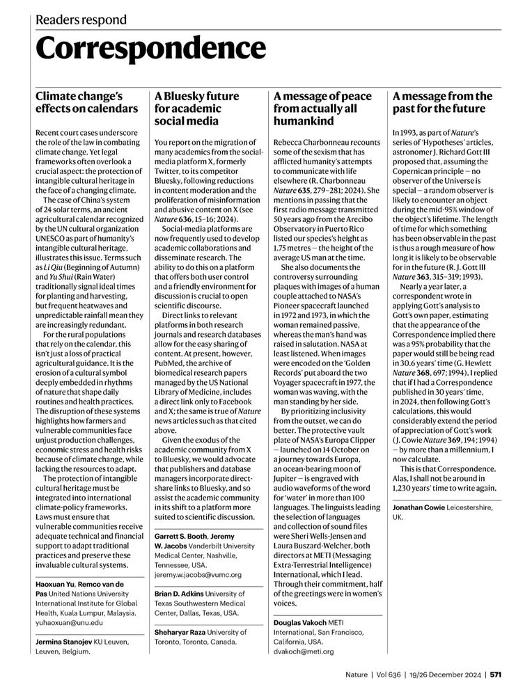 Screenshot of correspondence with @natureportfolio.bsky.social advocating that all scholarly journals support direct link-sharing to Bluesky amidst the exodus of many academic communities from X (formerly Twitter) 