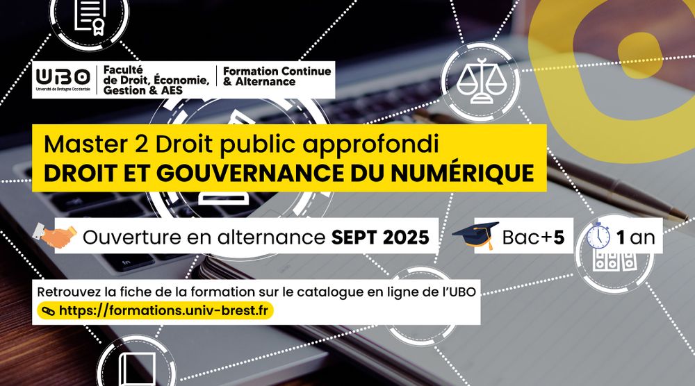 Flyer indiquant l'ouverture du Master 2 à l'Université de Brest à partir de septembre 2025, formation de Bac +5 en 1 an.