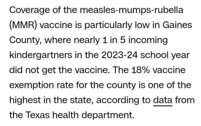 Gaines County TX where 1 in 5 incoming kindergartners in 2023-2024 school year did not get the MMR vaccine. 18% vaccine exemption rate in the county is one of highest in state
