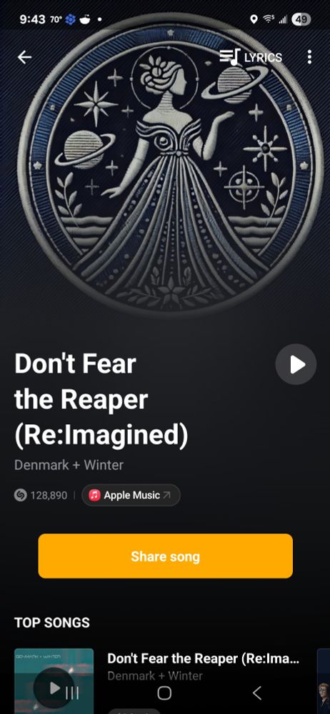 Screenshot of the Shazam app, after it identified a cover version of Don't Fear the Reaper.