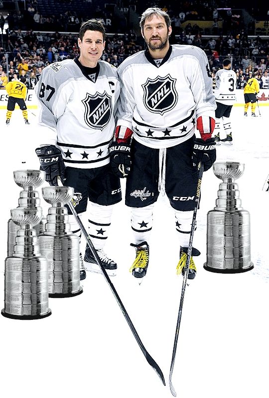 Photoshopped picture of Sidney Crosby and Alex Ovechkin standing my the number of times they've hoisted Lord Stanley's Mug.