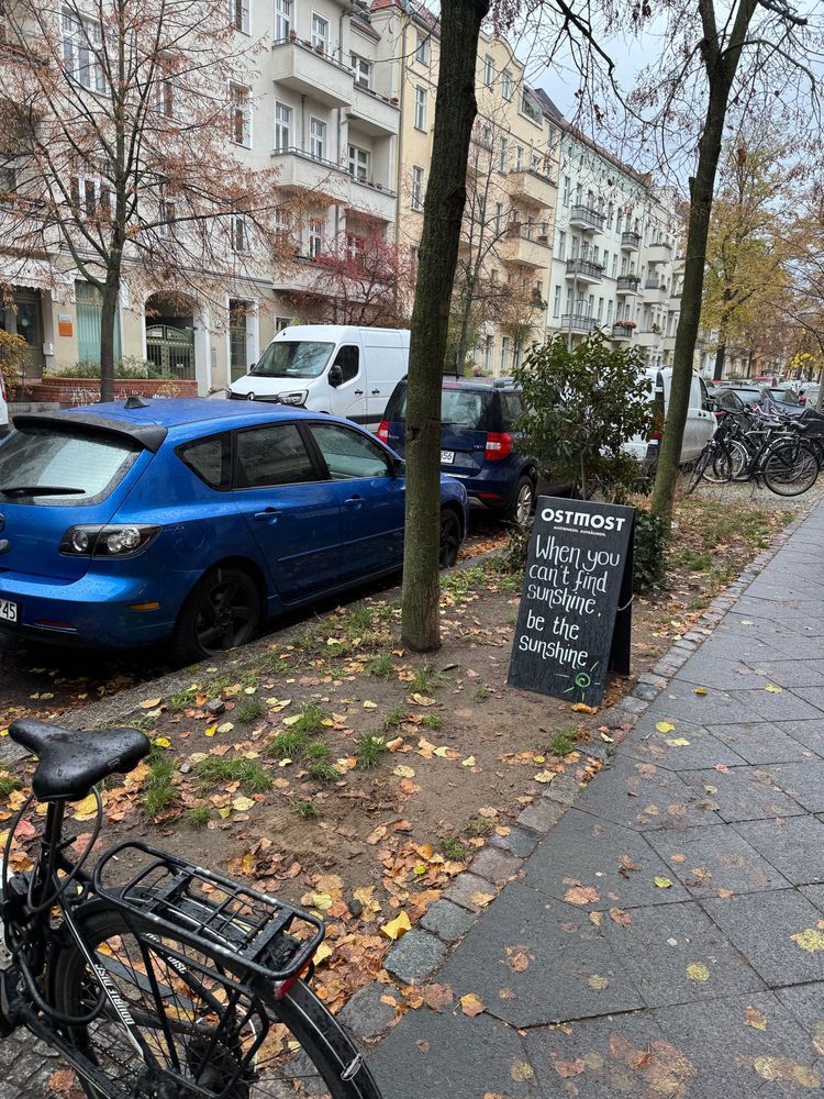 Ein herbstlicher Straßenzug in Berlin, Im Vordergrund steht eine schwarze Kreidetafel mit dem englischen Spruch "When you can't find sunshine, be the sunshine".