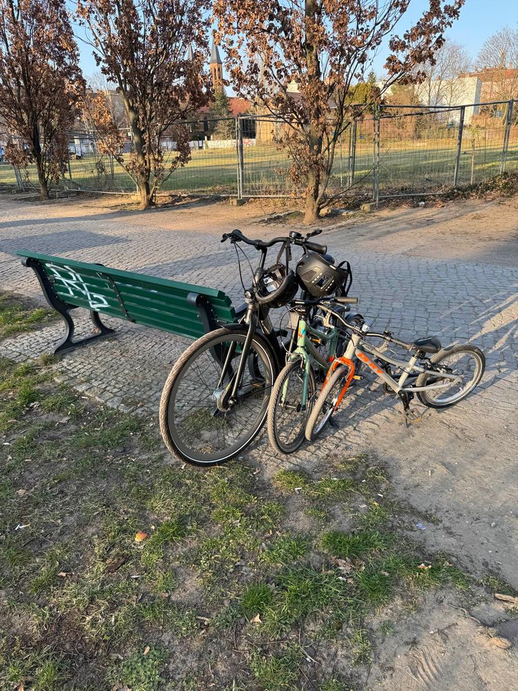 Drei Fahrräder an der Parkbank
