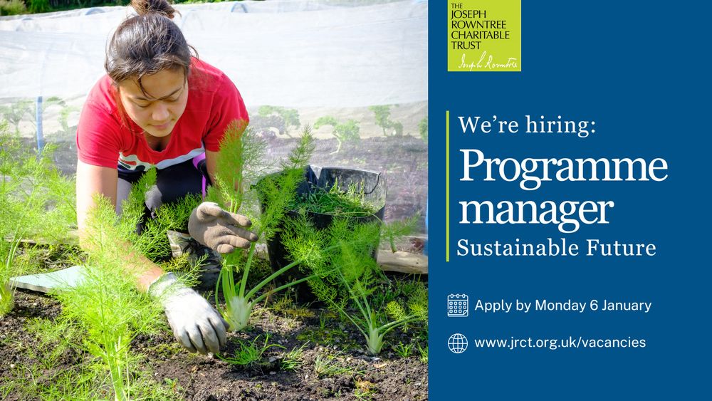 Image shows a woman harvesting vegetables from the soil. Text reads: We're hiring. Programme manager, Sustainable Future. Apply by Monday 6 January. https://www.jrct.org.uk/vacancies