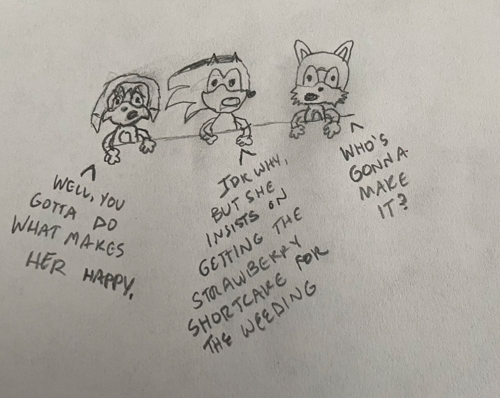Sketch of Jared, Kit and Glacier sitting at a table discussing the Cake for the Wedding 

Jared: “IDK Why but she insists on having Strawberry Shortcake for the Wedding.” 
Glacier: “Who’s going to make it?” 
Kit: “Well, you gotta do what makes her happy.” 