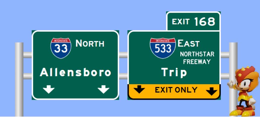 Trip the Sungazer, pointing to a Highway Sign with her name on it 