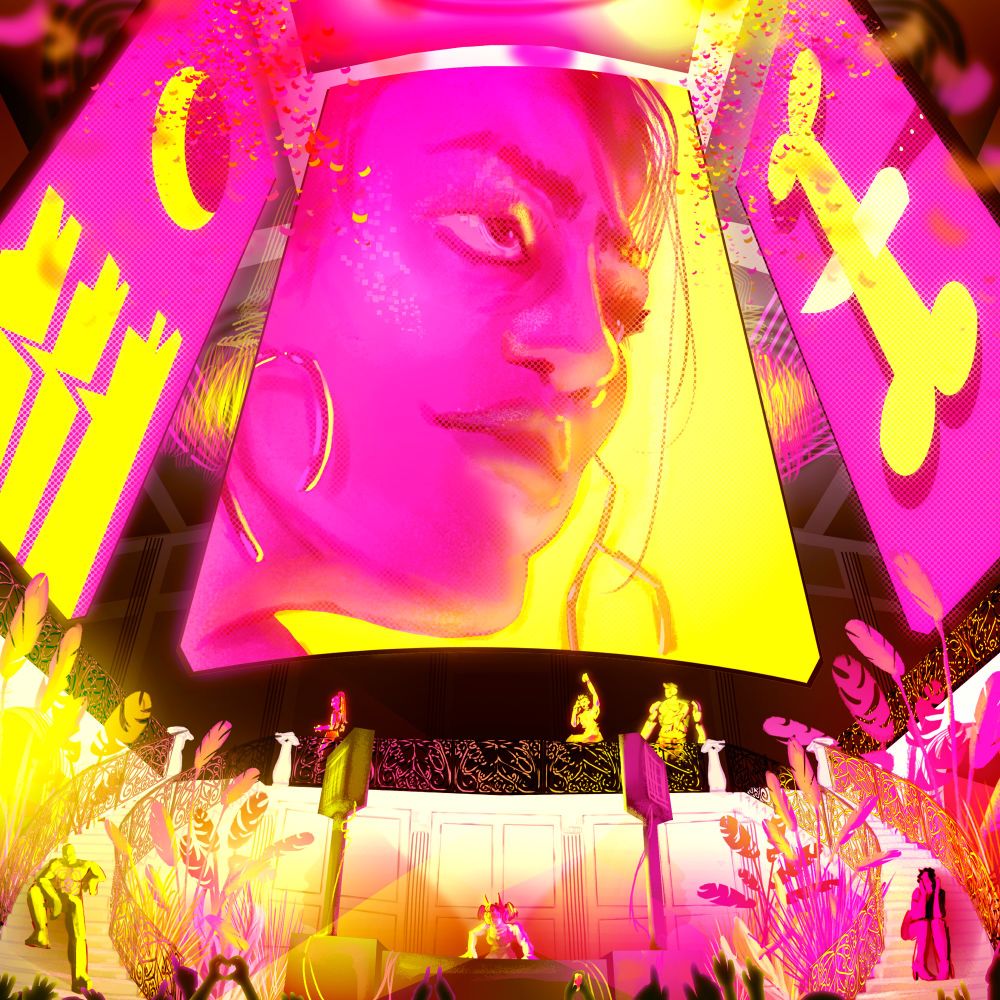 (Digital Illustration) The image is drawn in hues of saturated pinks and yellows. There is a large LED screen with a bright pink woman’s face on it - to either side there are additional screens the left with three dogs howling at the moon and the right showing a bone with a knife through it. In the foreground at the bottom of the image is a crowd of hands, evoking a large party - and behind them is a small figure at a DJ booth. Presumably the woman who’s face is projected onto the middle screen