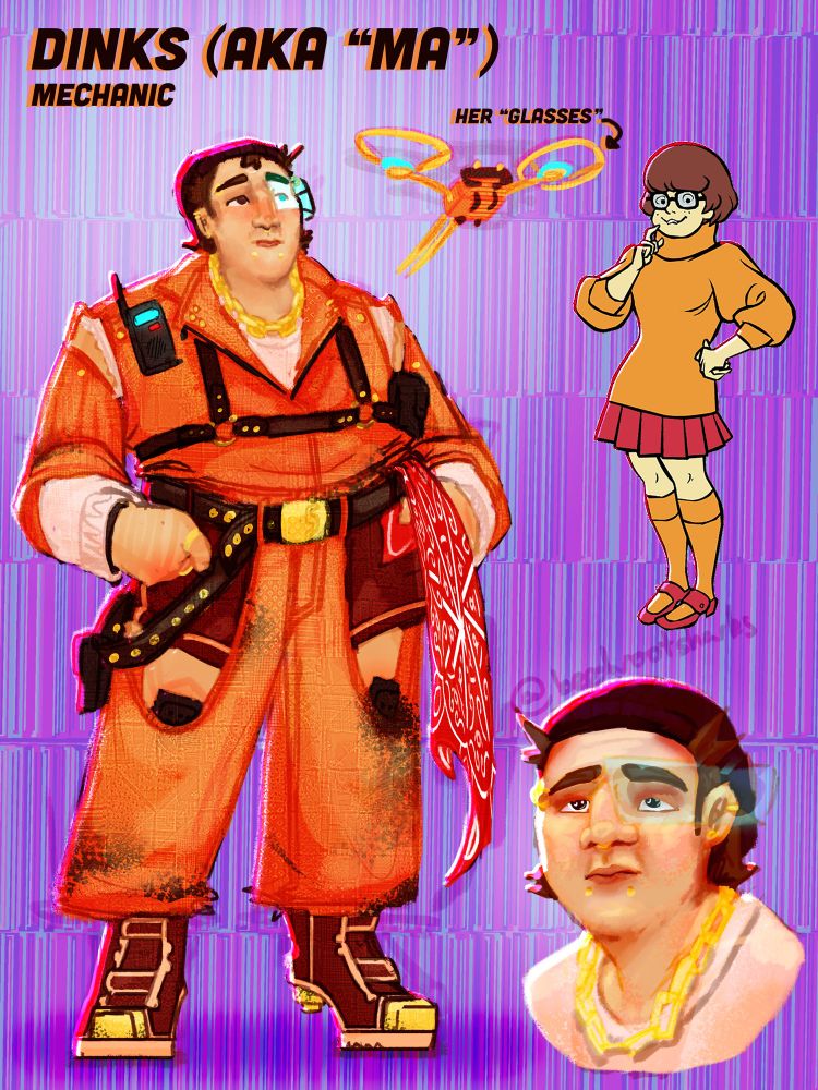A character design post, with one full body of the character and a headshot. Text at the top of the image reads “Dinks (aka ‘Ma’) Mechanic”. On the right is a cut out picture of Velma from Scooby doo - signalling that that is who inspired the design. 

The character, Dinks, is a stocky masc lesbian wearing an orange jumpsuit that cuts away into chaps, the jumpsuit is oil stained in places. She has many piercings, including snake bites and an eyebrow piercing. She a big thick belt around her middle and a harness, each with pouches on. Her shoes are sneaker/steel boots, with little rocket propellers on the heel. She has a eye glass covering one eye and there’s a robot flying next to her labeled as ‘her glasses’