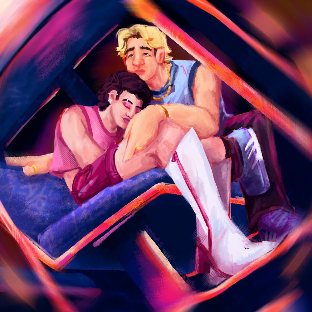 Two men sit together on a bus seat, the man closer two the camera is in a pink crop-top and white heels, he appears to be sleeping, and the man further away is in a blue vest and black jeans, he is gazing off into the distance. The whole image uses a radial blur to show that they feel dizzy - possibly drunk - and that the bus is moving 