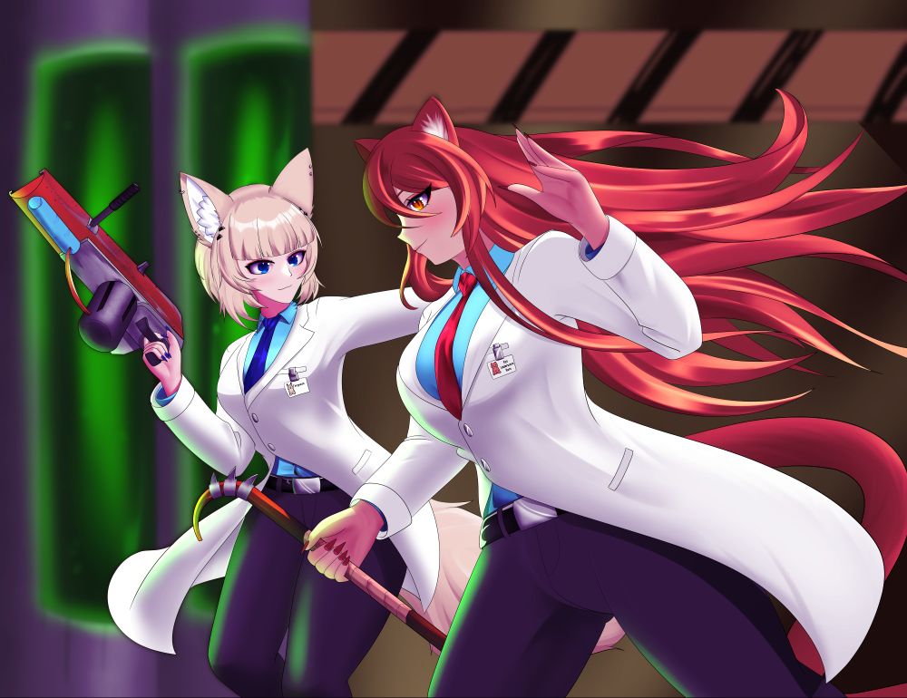 Art of two scientists and lab coats making their way through labs carrying makeshift weapons