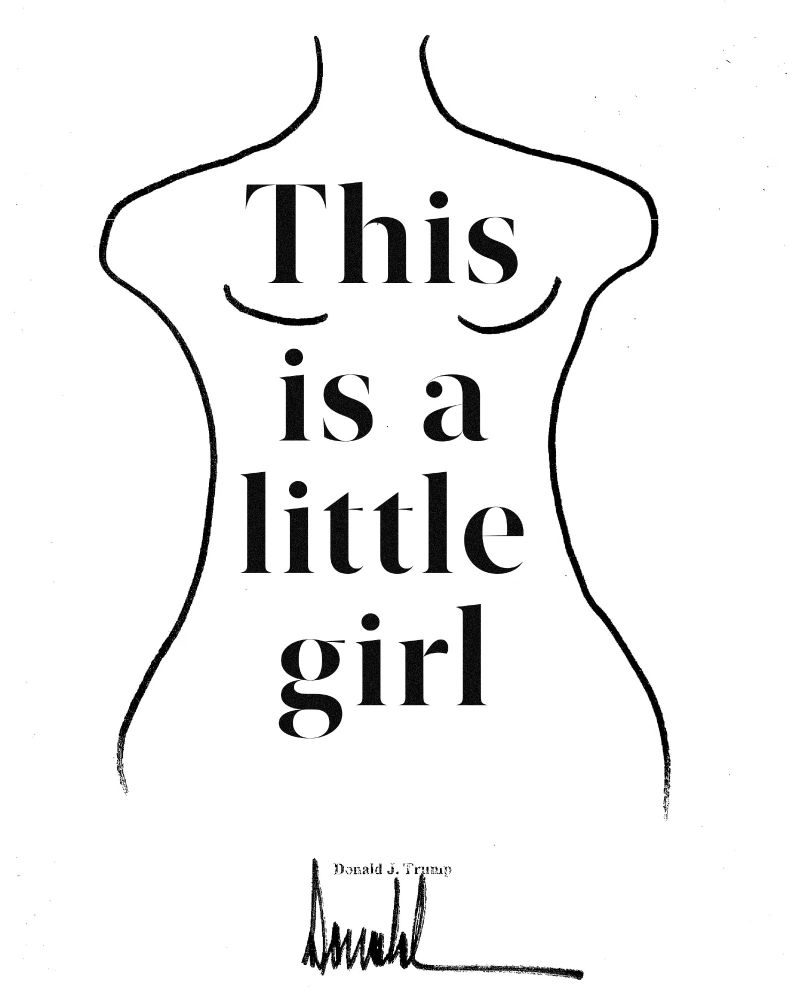 Donald Trump's drawing of a prepubescent girl for Jeffrey Epstein's birthday book. It says Donald J. Trump and has his signature from the original. Instead of all the small text inside, it just says 