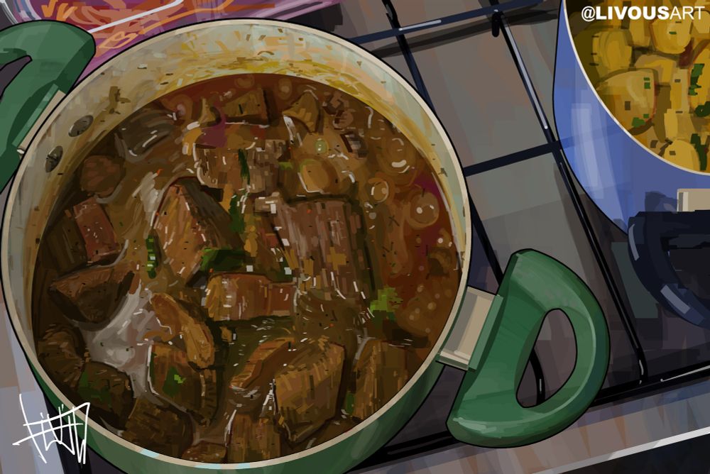ilustração digital de uma panela cheia de carne cozida em cima do fogão, por @livousart.